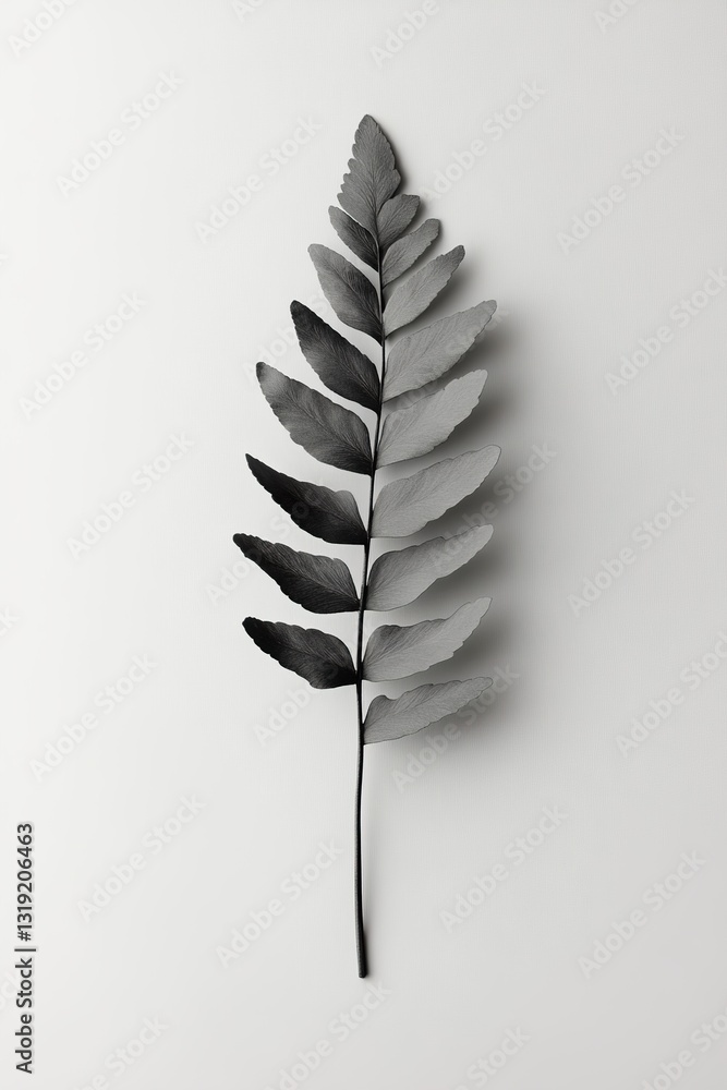 Poster a single fern frond is artistically rendered in charcoal with intricate shading and soft edges. the 