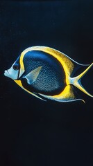 A vibrant blue and yellow fish swims in dark water