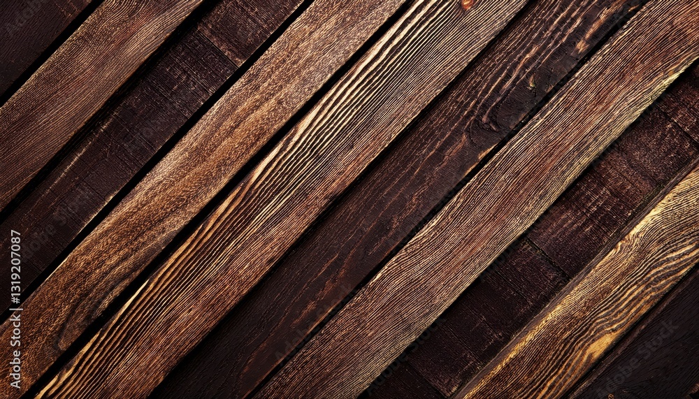 Poster close-up of dark brown wooden planks with burnt texture, diagonal lines pattern, ideal for rustic ba