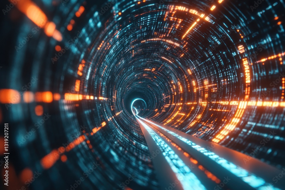 Poster abstract digital tunnel with glowing lines and particles, creating a sense of depth and motion, idea