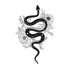 Serpent entwined in floral elegance showcasing intricate line art design