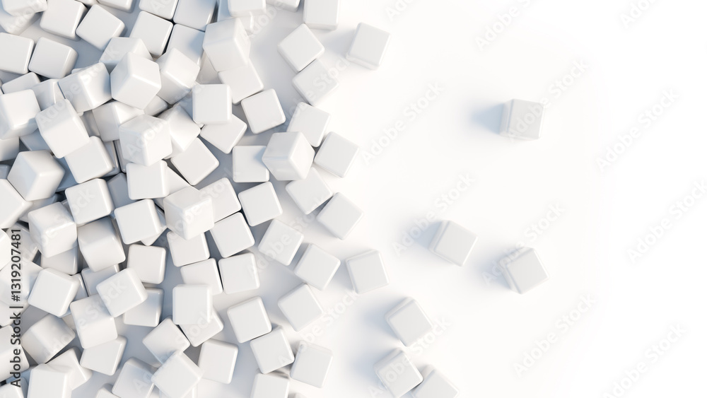 Poster white background. pile of cubes are scattered on surface. white background for design. wallpaper wit