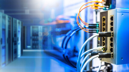 Industrial internet equipment. Server room. Network switch with fiber optic wires. Supply of server...