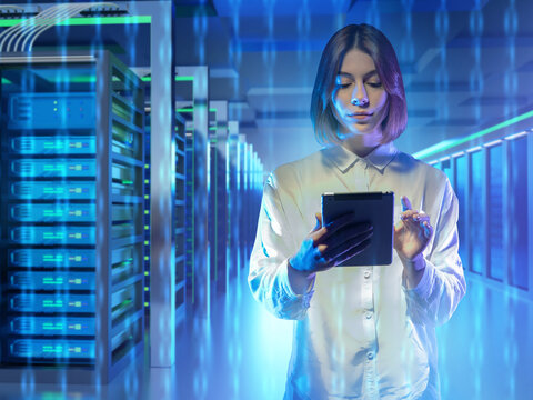 Woman server software programmer. Girl with tablet in data center. Portrait of system administrator. Server room with computer equipment. Woman programmer among binary code. Data center engineer - Powered by Adobe