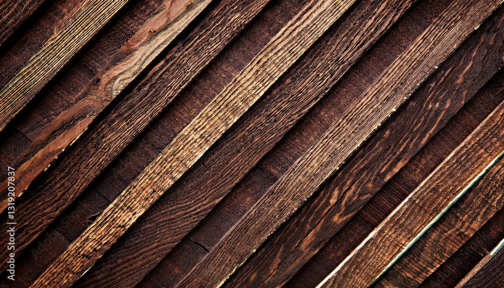 Poster close-up of dark brown wooden planks with burnt texture, diagonal lines pattern, ideal for rustic ba