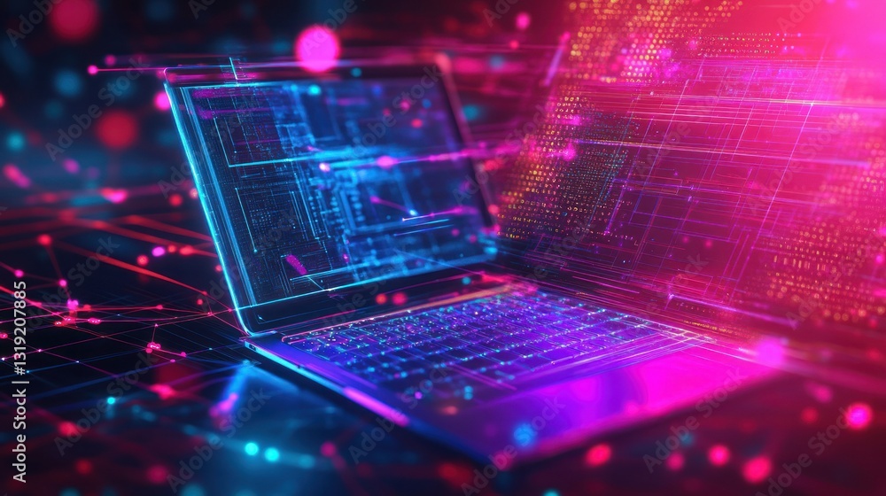 Poster a futuristic laptop displaying vibrant digital data streams and neon lights against a tech-inspired 