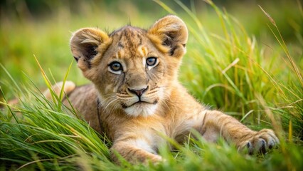 A Young Lion Cub Resting Serenely in a Lush Green Meadow, Its Adorable Gaze Captivating the Viewer's Attention