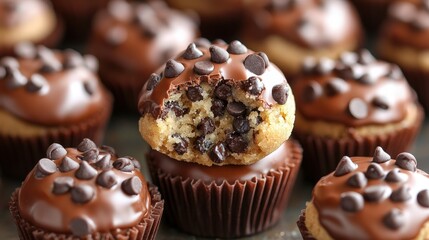 Velvety chocolate-enrobed cupcake, delectably bitten, adorned with scattered chocolate chips—a sweet temptation