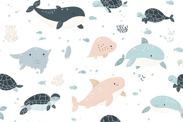 Naklejka premium Delightful Sea Life: Whales and Sea Turtles in Gentle Pastel Shades for Kids' Textile Designs