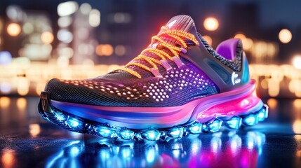 A vibrant, illuminated running shoe with colorful laces, showcasing a sleek design against a blurred nighttime city background.
