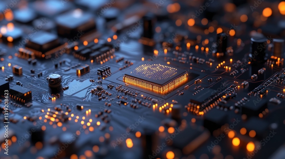 Poster close-up view of a glowing circuit board with intricate details, showcasing technology in a dark env