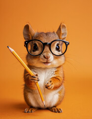 Tiny squirrel with round glasses holding a pencil on a warm orange background. Study vibes, autumn feel, back to school, learning concept.