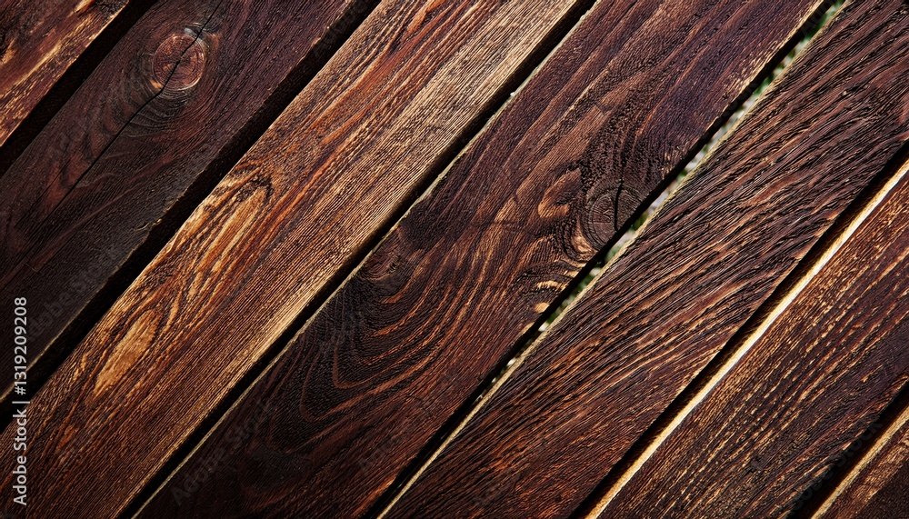 Aufkleber close-up of dark brown wooden planks with burnt texture, diagonal lines pattern, ideal for rustic ba