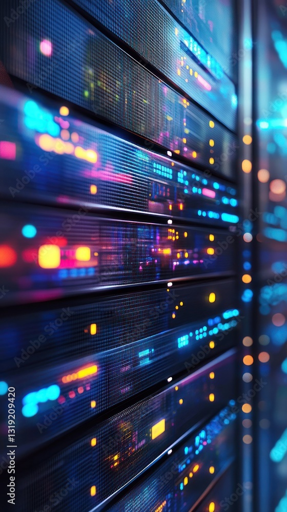 Poster abstract view of illuminated server racks showcasing vibrant data streams in a high-tech environment