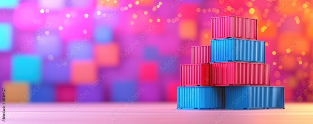 Poster a vibrant stack of colorful shipping containers against a blurred, multicolored background, creating