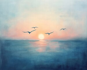 Obraz premium Peaceful dawn over an abstract summer horizon, soft blue and peach tones, birds in flight 