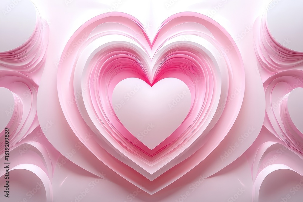 Poster abstract layered heart design in soft pink hues, creating a romantic atmosphere with gentle curves a