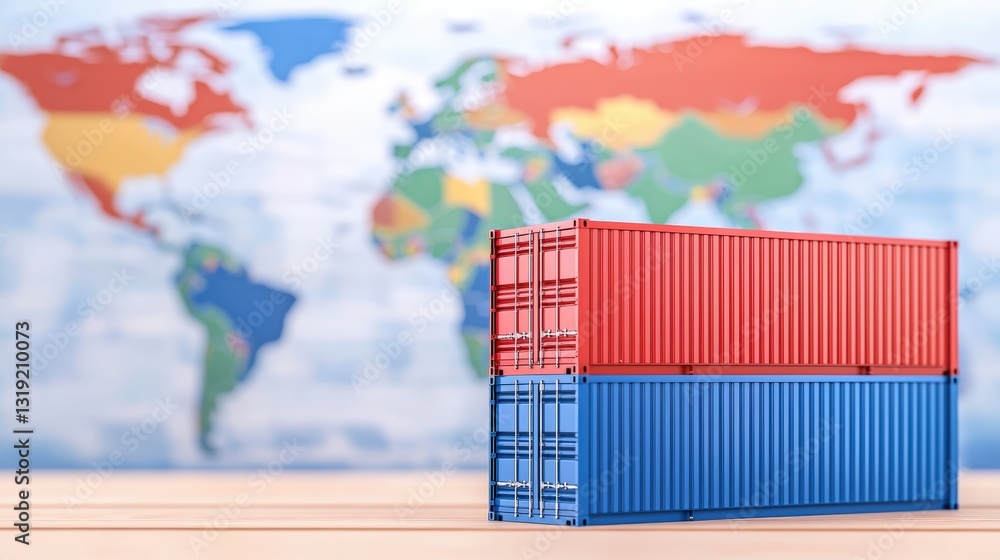 Poster a stack of red and blue shipping containers in front of a colorful world map, symbolizing global tra