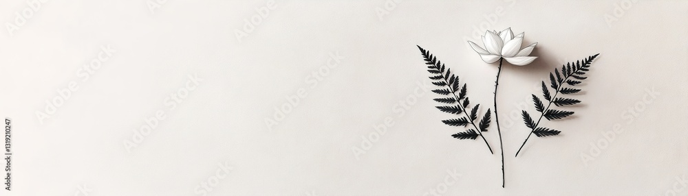 Poster intricate line drawing features fern leaves and a lotus in black ink on a soft beige background. the
