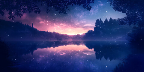 Naklejka premium Starry Sky Reflected Perfectly in a Glassy Alpine Lake for Night Sky Photography, Astronomy Art, or Tranquil Escapes