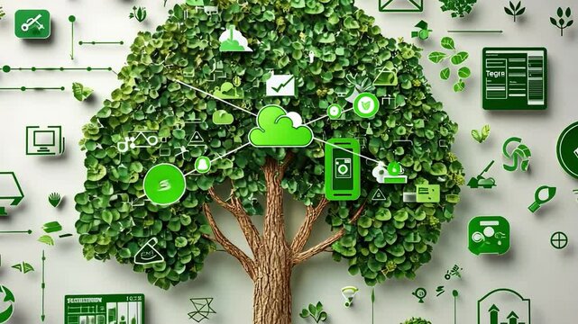 Digital Tree of Growth Embracing Green Technology, Leaves, and Icons for Data Communication and Sustainability