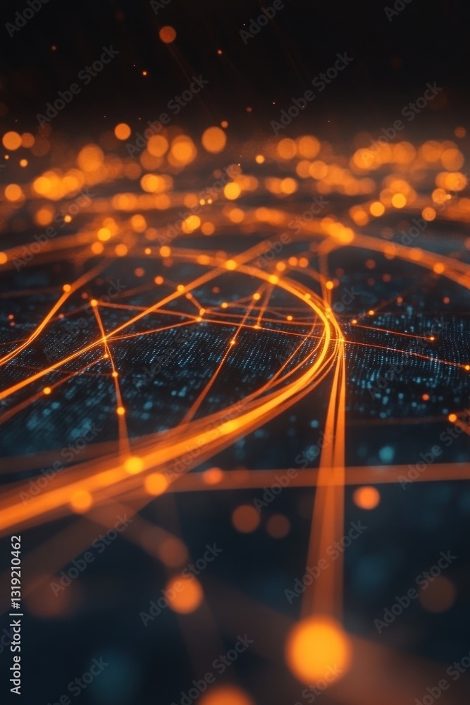 Poster abstract representation of interconnected data streams glowing in orange and blue hues against a dar