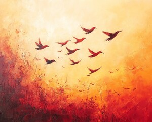 Obraz premium Peaceful sunrise in a vibrant summer sky, artistic abstract style with birds 