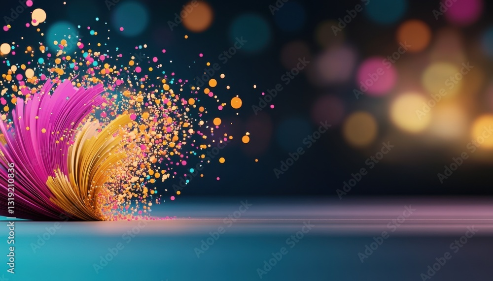 Poster vibrant abstract design with colorful particles and a blurred background.