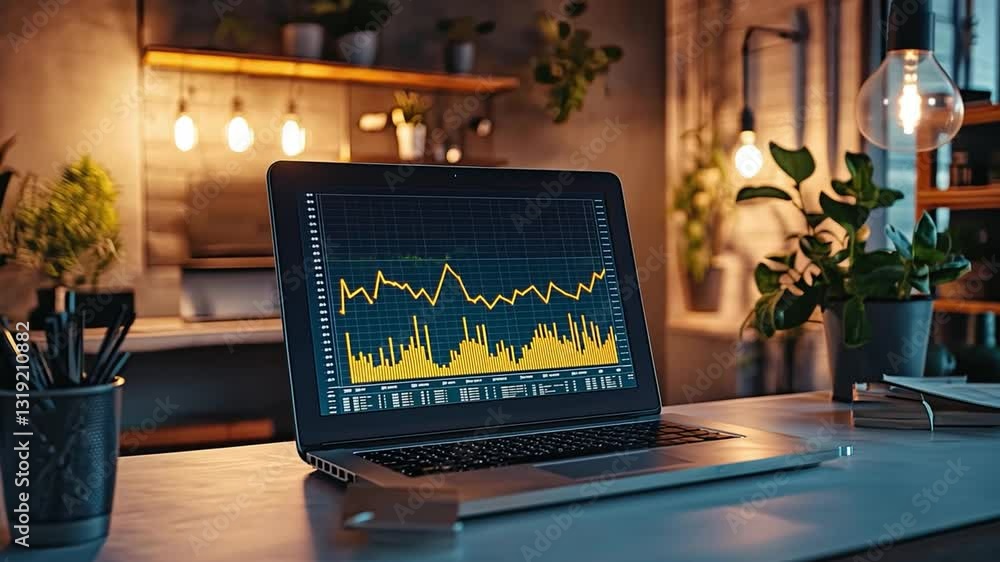 Aufkleber modern workspace with laptop displaying financial graph, surrounded by plants and warm lighting for 