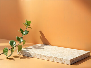 Elegant marble display platform with soft natural lighting, green leaves, and warm orange background. Perfect for product presentation, branding, or minimalistic aesthetics. Ideal for skincare, cosmet