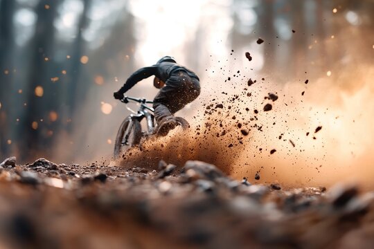 A mountain biker finds themselves airborne after colliding with an obstacle on a challenging trail. Dust billows around them as they navigate the rugged terrain, framed by warm, golden light - Powered by Adobe