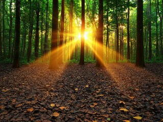 Obraz premium Golden Sunlight Rays Streaming Through Trees Forest Nature Photography Autumn Warm Atmosphere Serene View