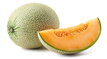 Fresh cantaloupe, whole and sliced, isolated white background, food photography, for use in healthy eating, cooking or nutrition content