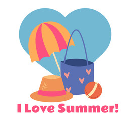 Beach stuff laying on beach. I love summer concept. Vector graphic simple doodle line art outline design illustration