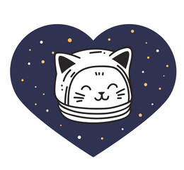 Cat astronaut head on heart space on background. Vector graphic simple doodle line art outline design illustration