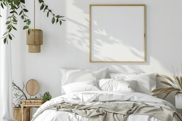 Stylish Poster Frame Mockup with Cozy Decor in Bright White Bedroom Interior