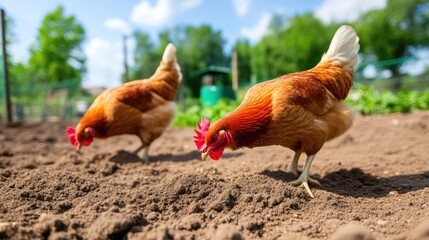 Fototapeta premium Chickens Searching for Hidden Food Outdoors