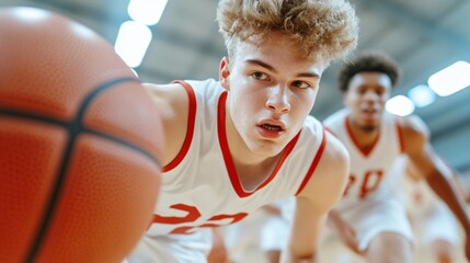 Fototapeta premium Young male basketball players in action, focused athletes competing on court, high-energy sports scene with dynamic movement.
