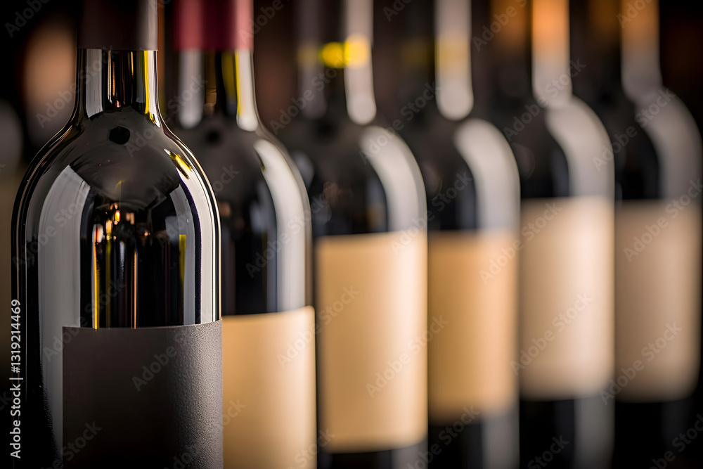 Poster collection of empty wine bottles in various styles on a wooden shelf. generative ai.