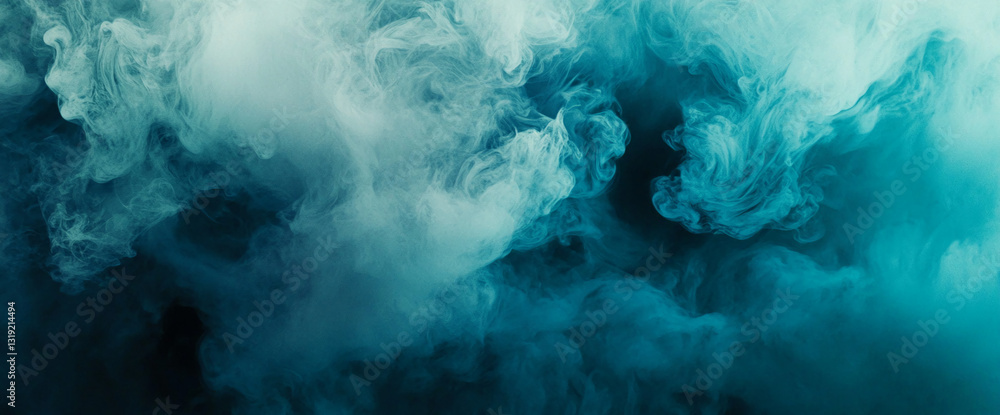 Poster Abstract image of teal and white smoke swirling, creating a dynamic and ethereal texture, showcasing fluidity and mystery, ideal for artistic or design projects