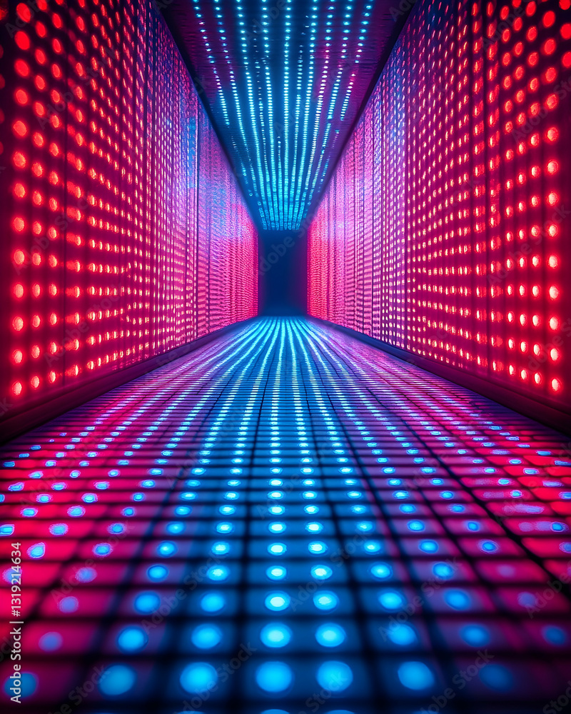 Poster illuminated corridor with vibrant red and blue led lights creating a dynamic, symmetrical pattern on
