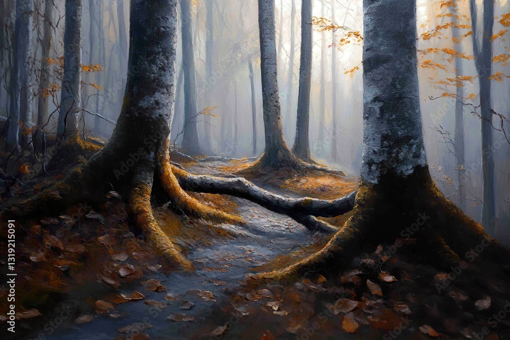 Poster soft golden light filters through dense trees in an ancient forest. winding roots and shimmering lea