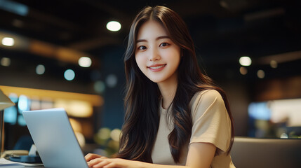 Young Korean worker in a modern office setting focuses on her laptop while smiling warmly at the camera