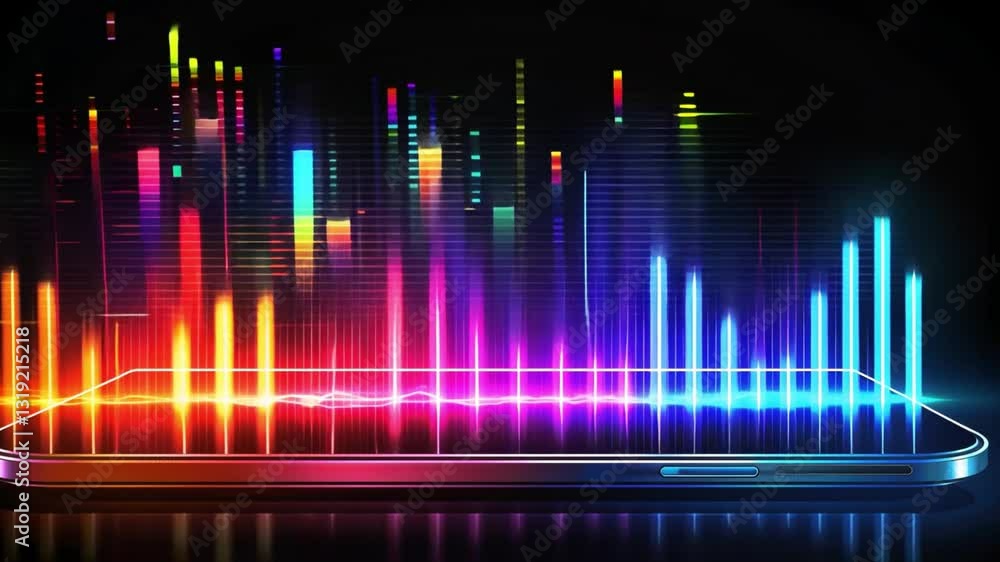Poster smartphone emits vibrant, colorful sound waves in digital music visualization with glowing bars crea