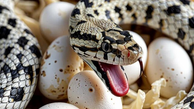 A snake emerges from eggs, demonstrating natural behavior in its habitat, surrounded by eggs and nesting materials