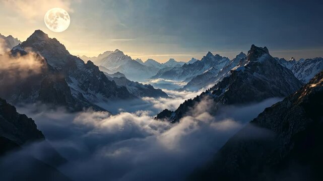Celestial Peaks: Majestic mountain range with peaks reaching towards the sky, clouds rolling through valleys, and the moon casting an ethereal glow, depicting the raw power and beauty of nature.