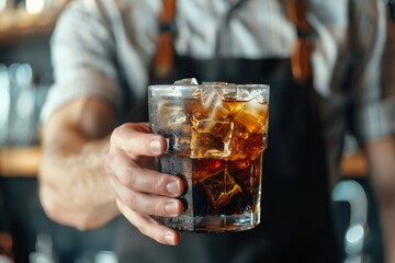 High Resolution Picture of a Barista Holding a Glass of Cold Brew Coffee with Ice