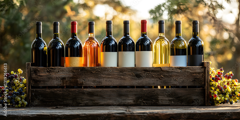 Poster bottles of wine arranged in a rustic wooden crate in a vineyard setting. generative ai