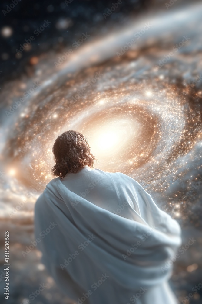 Poster jesus stands at the edge of the universe, gazing into a glowing portal of divine light. celestial el