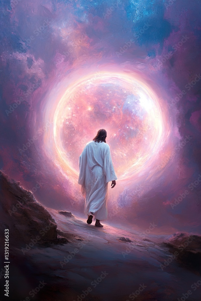 Poster jesus stands at the universe's edge, mesmerized by a radiant portal of divine light. surrounding him